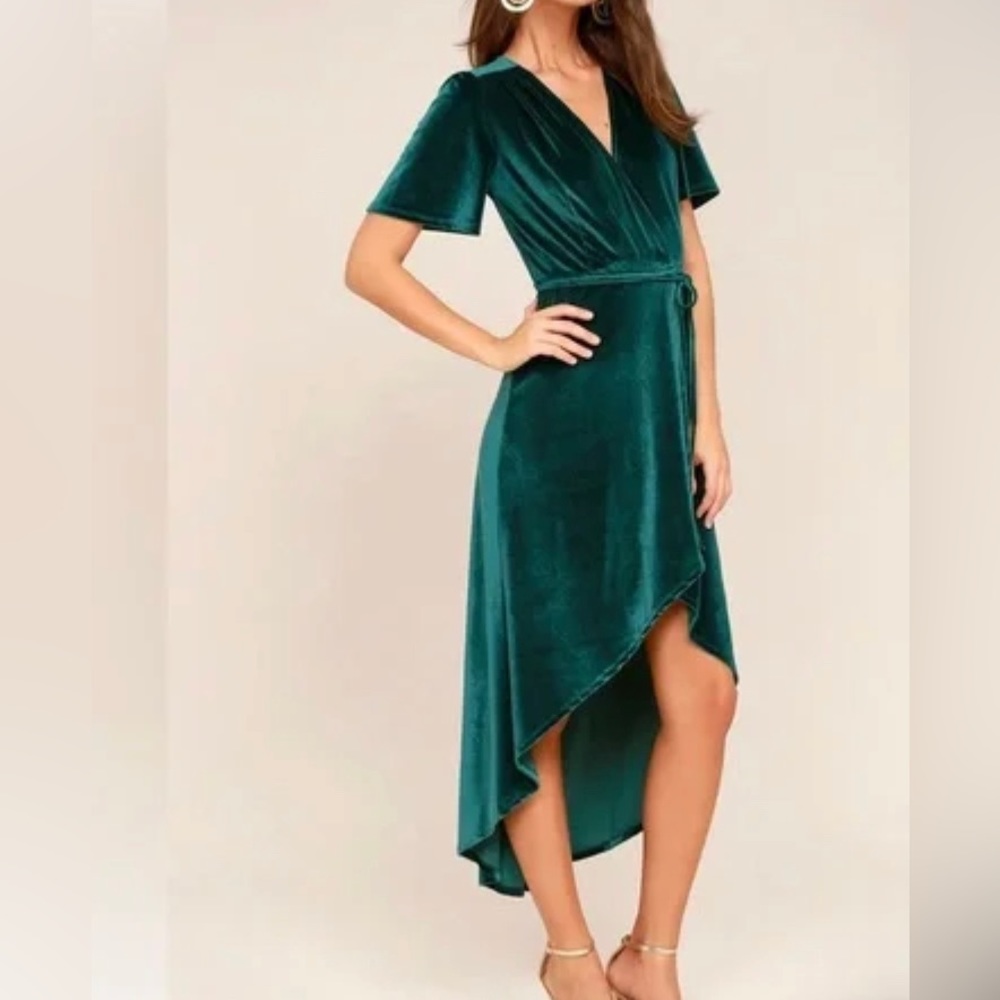 Amour Teal Green Velvet High-Low Wrap Dress